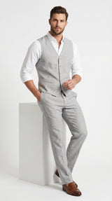 Men’s Light Grey Linen Vest and Pants Set, Beach Wedding Summer Formal Outfit
