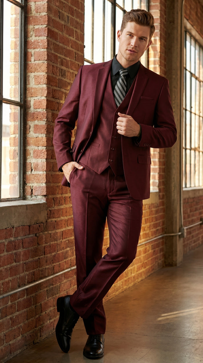 Men’s Burgundy Wine Maroon Sharkskin Vested Suit with Jacket, Vest and Pants