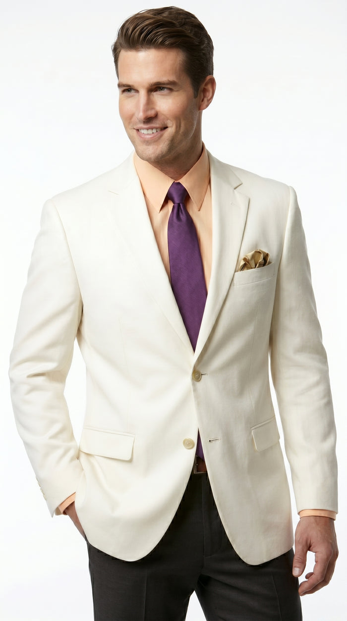 Men’s Ivory Cream Blazer with 2 Button Front, Off White Dress Casual Sport Coat