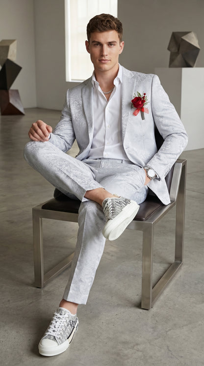 Men’s Silver Grey Shiny Paisley Graduation Suit, Formal Prom Wedding Dress Suit Modern Fit