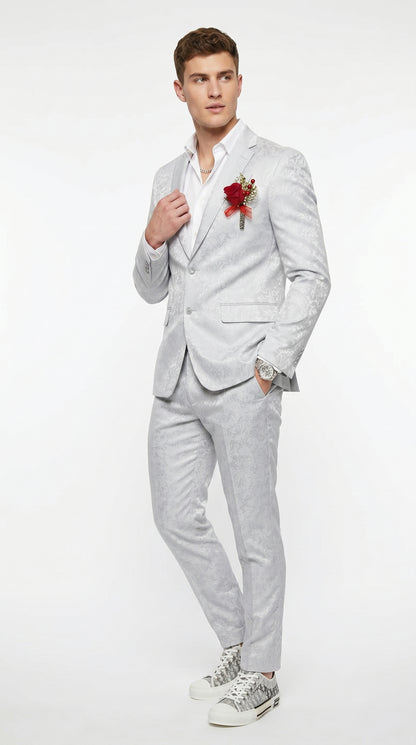 Men’s Silver Grey Shiny Paisley Graduation Suit, Formal Prom Wedding Dress Suit Modern Fit