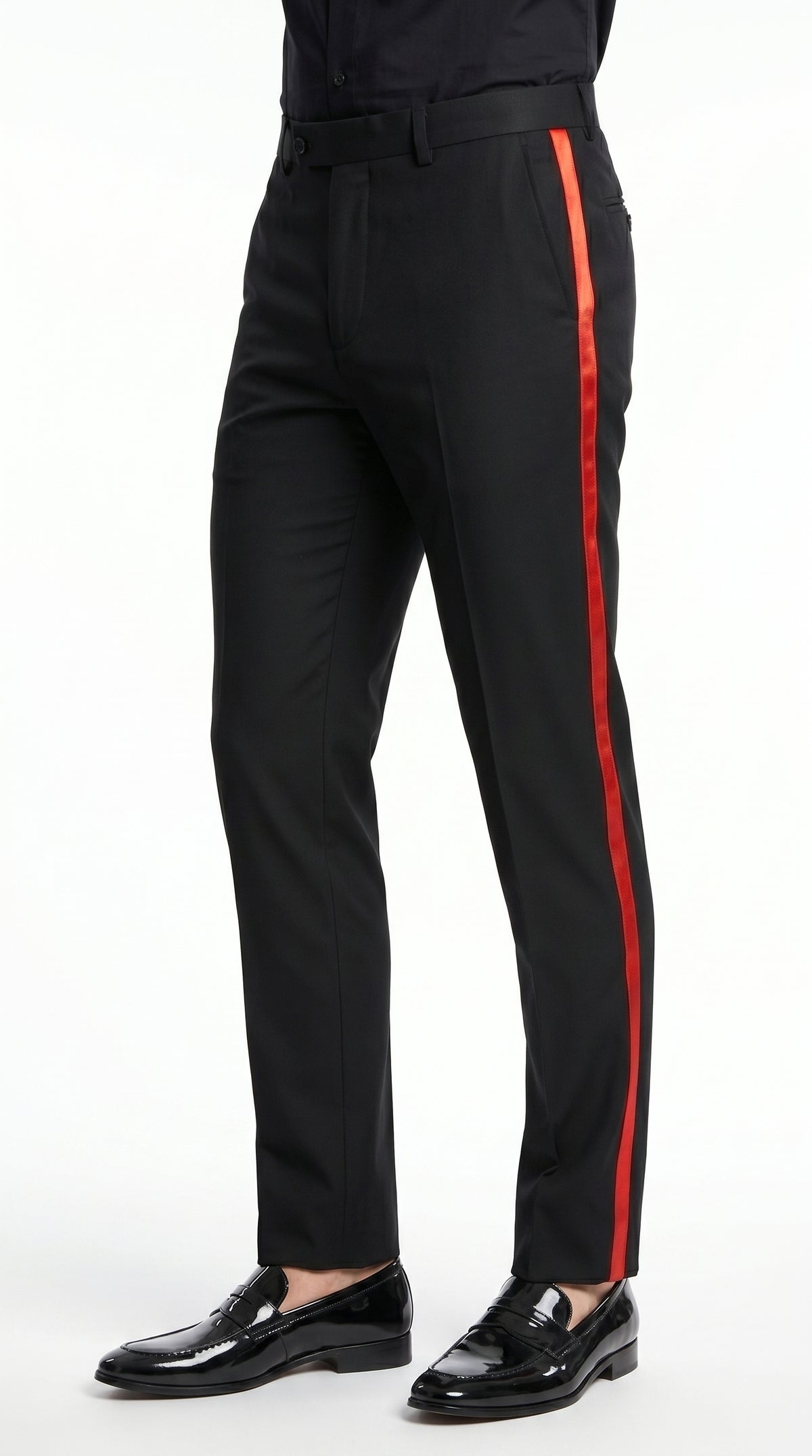 Men’s Black Tuxedo Pants with Red Satin Side Stripe, Classic Formal Slacks Unhemmed Bottom