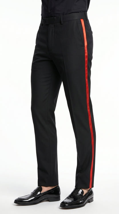 Men’s Black Tuxedo Pants with Red Satin Side Stripe, Classic Formal Slacks Unhemmed Bottom