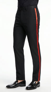 Men’s Black Tuxedo Pants with Red Satin Side Stripe, Classic Formal Slacks Unhemmed Bottom