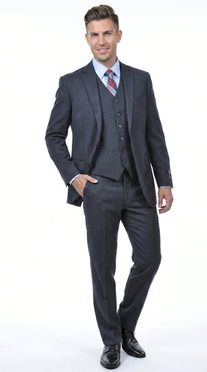 Men’s Charcoal Grey 2 Button Vested Business Suit, Formal Wedding Dress Suit