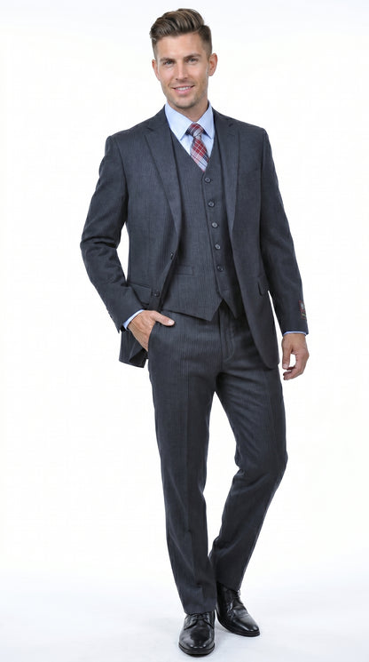 Men’s Charcoal Grey 2 Button Vested Business Suit, Formal Wedding Dress Suit
