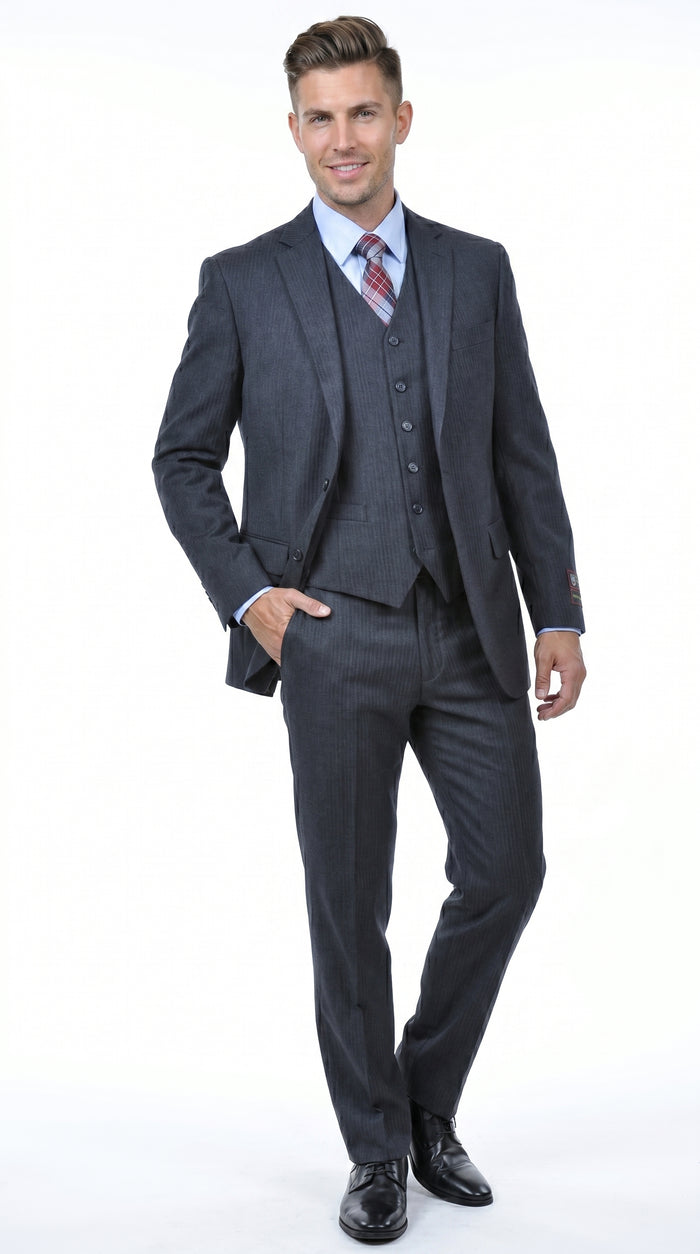 Men’s Charcoal Grey 2 Button Vested Business Suit, Formal Wedding Dress Suit
