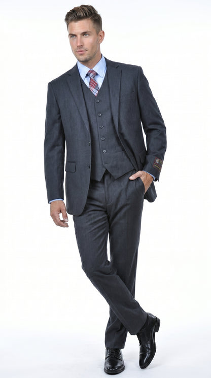 Men’s Charcoal Grey 2 Button Vested Business Suit, Formal Wedding Dress Suit