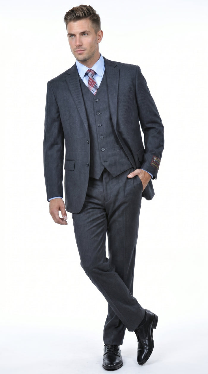 Men’s Charcoal Grey 2 Button Vested Business Suit, Formal Wedding Dress Suit