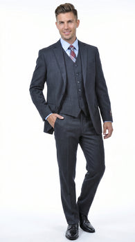 Men’s Charcoal Grey 2 Button Vested Business Suit, Formal Wedding Dress Suit
