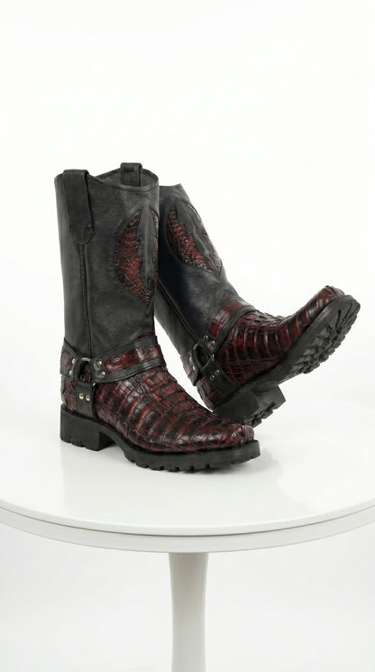Men’s Los Altos Black Cherry Caiman Tail Skin Biker Boots, Exotic Western Motorcycle Boots