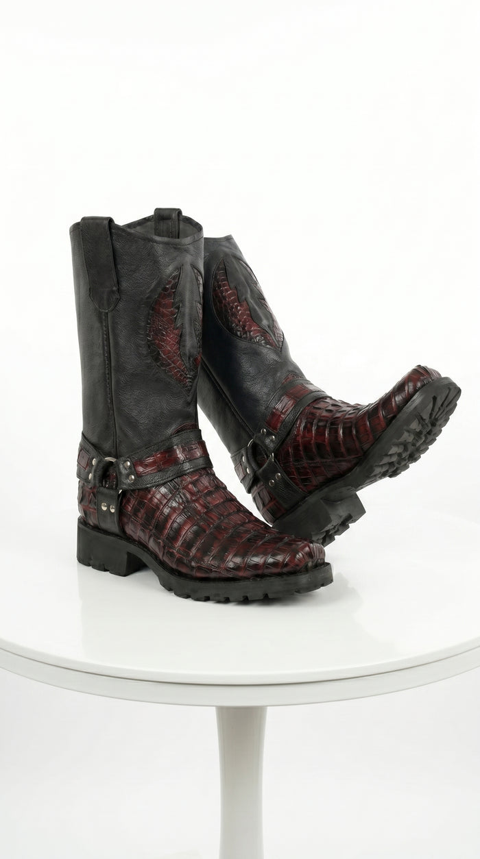 Men’s Los Altos Black Cherry Caiman Tail Skin Biker Boots, Exotic Western Motorcycle Boots