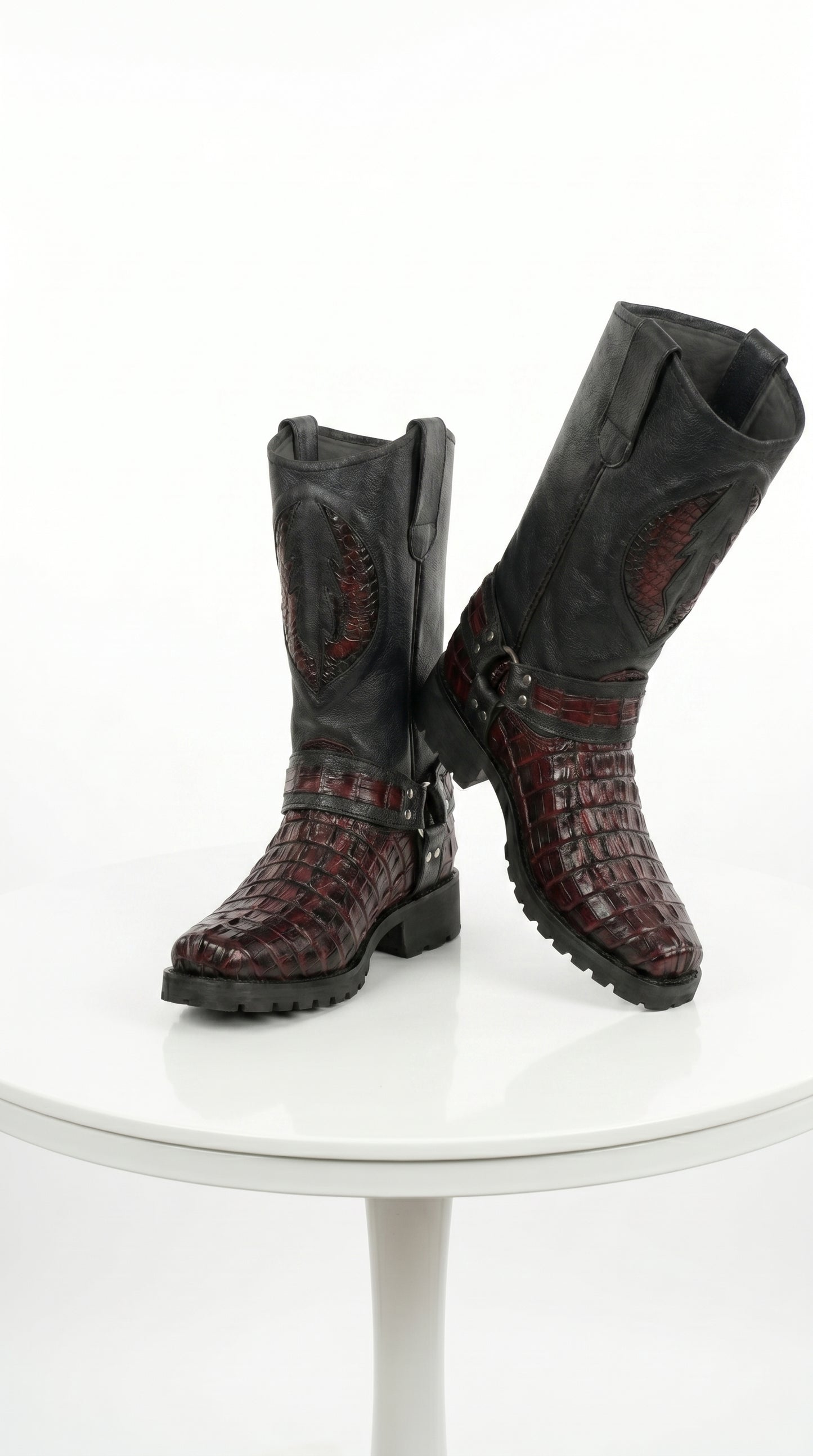 Men’s Los Altos Black Cherry Caiman Tail Skin Biker Boots, Exotic Western Motorcycle Boots