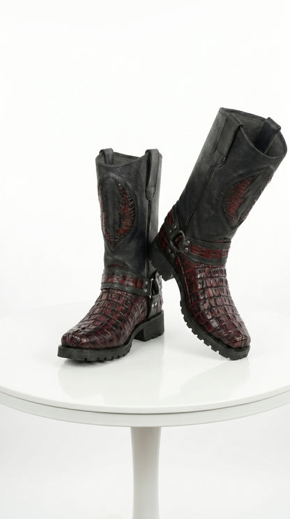 Men’s Los Altos Black Cherry Caiman Tail Skin Biker Boots, Exotic Western Motorcycle Boots