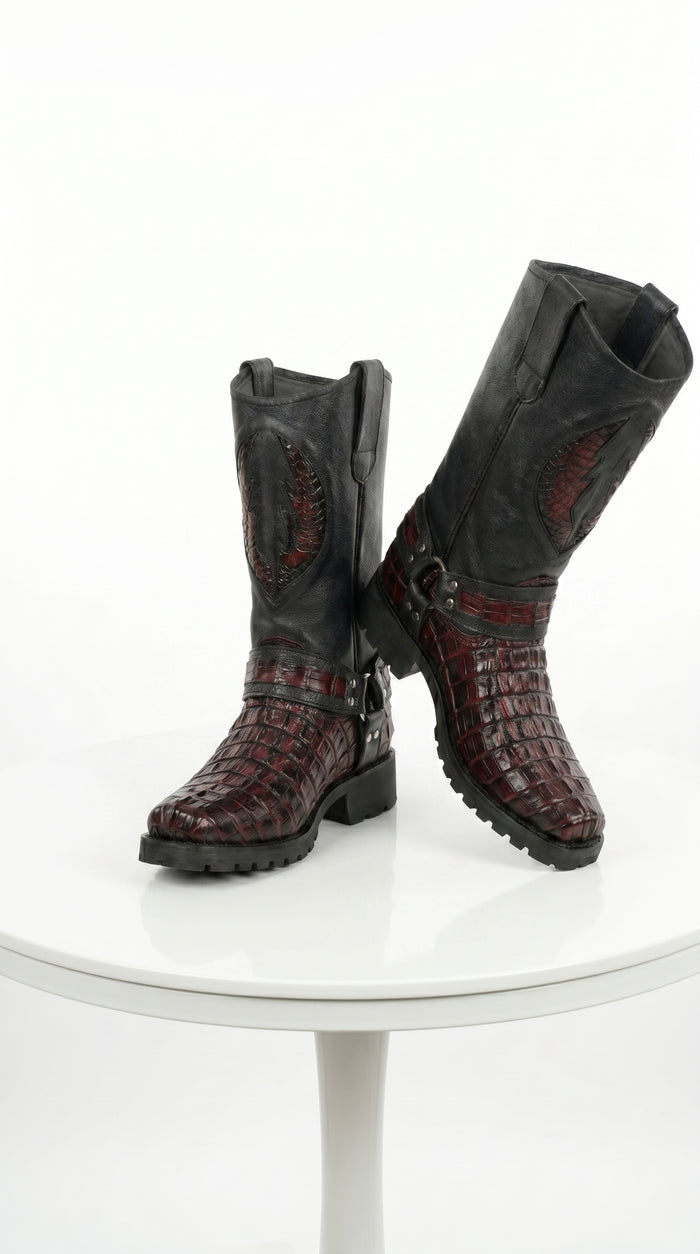 Men’s Los Altos Black Cherry Caiman Tail Skin Biker Boots, Exotic Western Motorcycle Boots