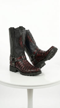 Men’s Los Altos Black Cherry Caiman Tail Skin Biker Boots, Exotic Western Motorcycle Boots