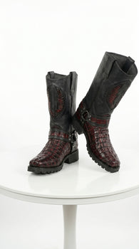 Men’s Los Altos Black Cherry Caiman Tail Skin Biker Boots, Exotic Western Motorcycle Boots