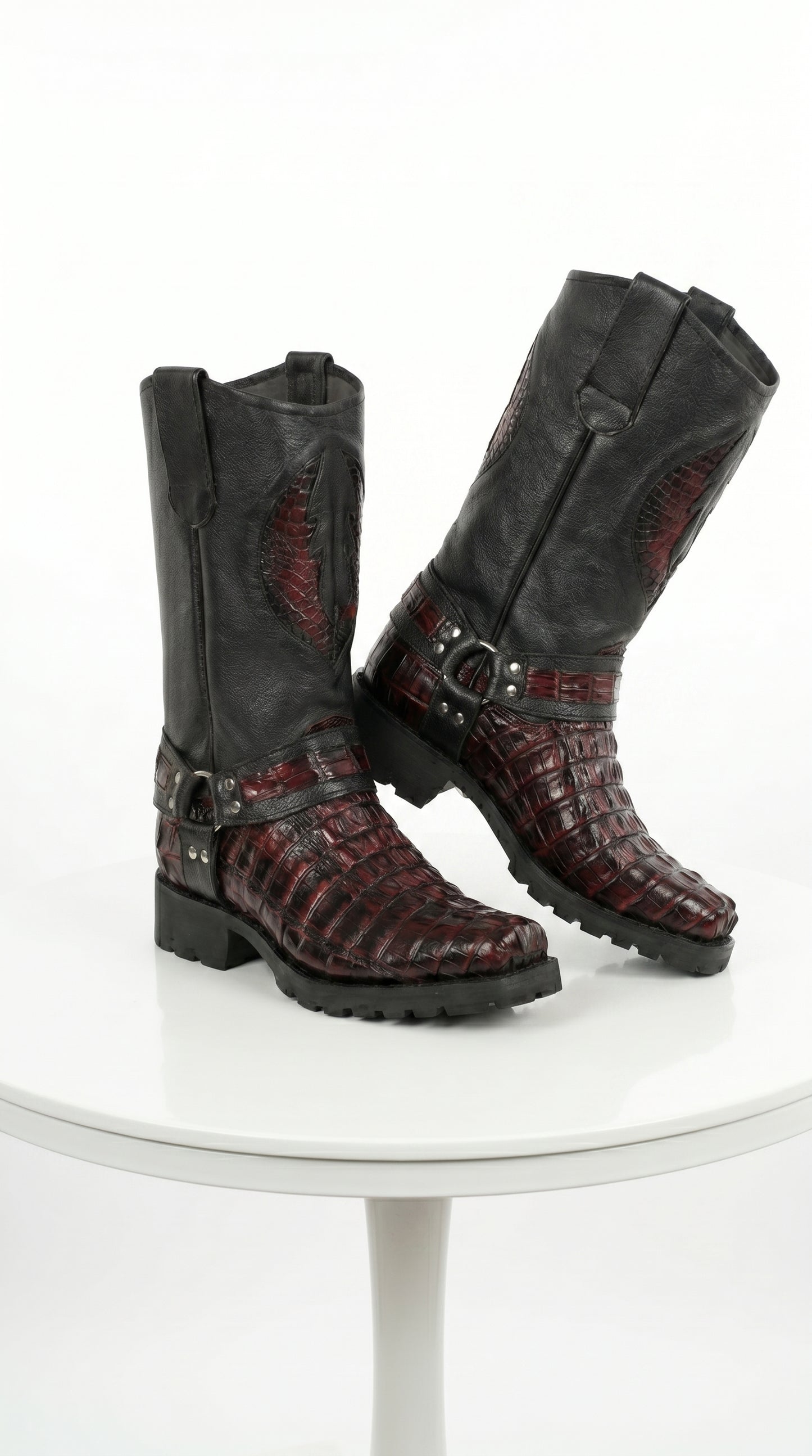 Men’s Los Altos Black Cherry Caiman Tail Skin Biker Boots, Exotic Western Motorcycle Boots