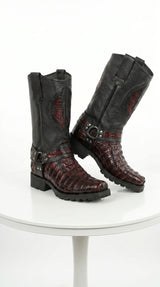 Men’s Los Altos Black Cherry Caiman Tail Skin Biker Boots, Exotic Western Motorcycle Boots