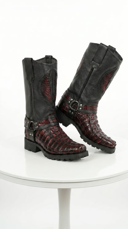 Men’s Los Altos Black Cherry Caiman Tail Skin Biker Boots, Exotic Western Motorcycle Boots