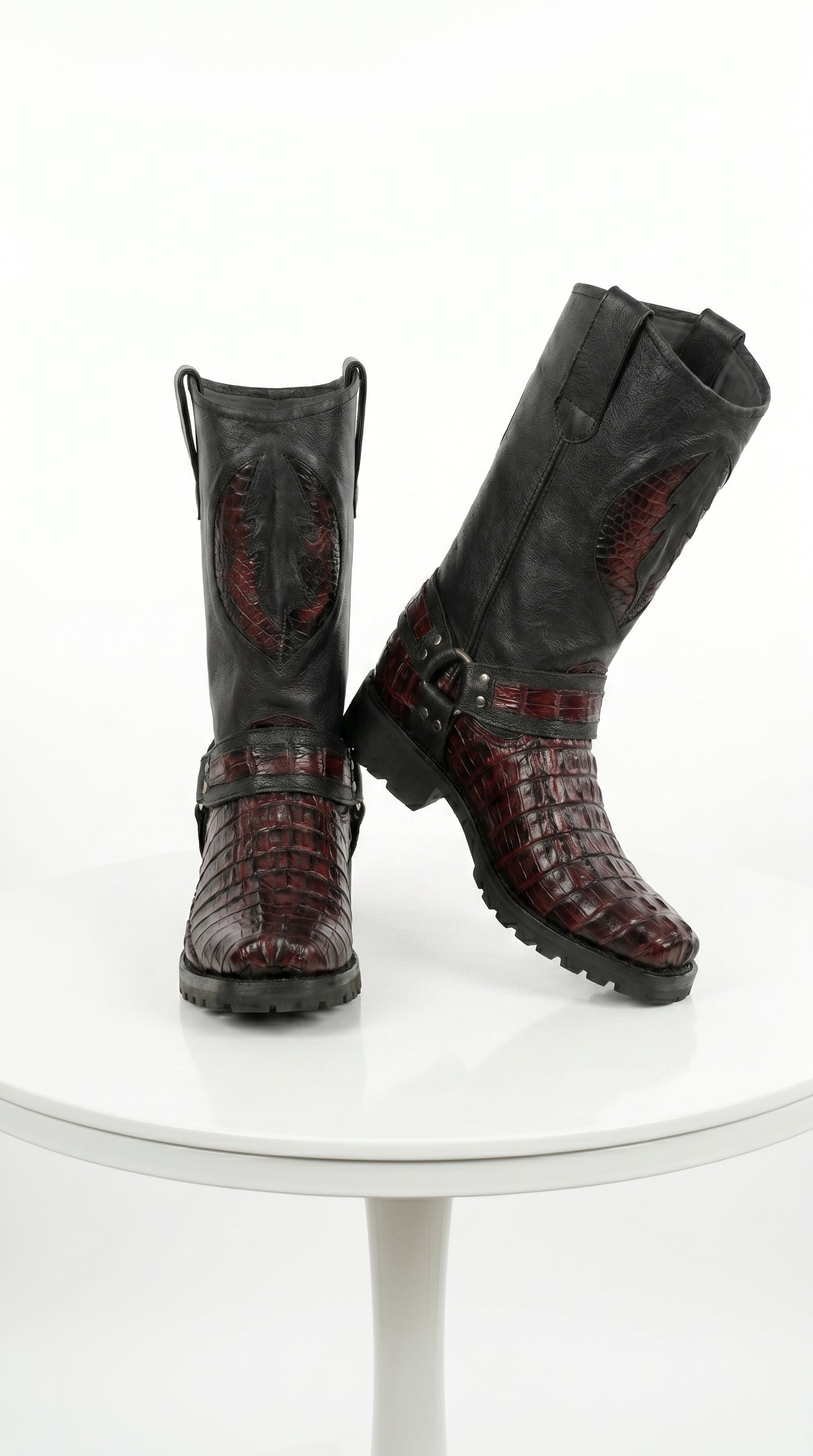 Men’s Los Altos Black Cherry Caiman Tail Skin Biker Boots, Exotic Western Motorcycle Boots