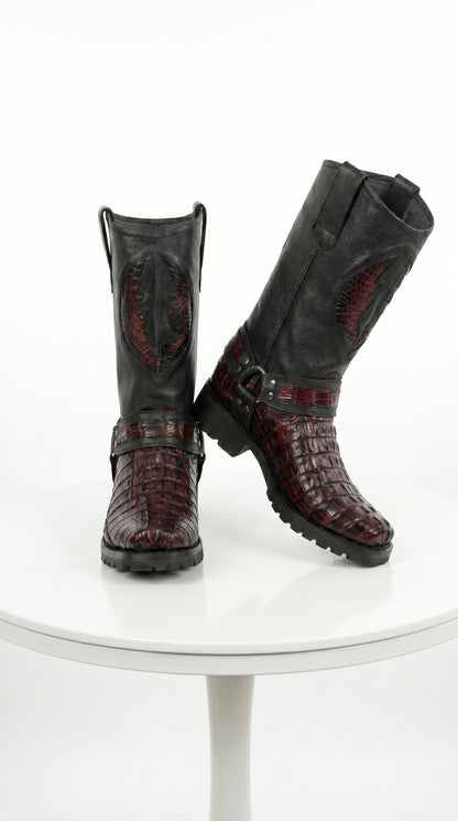 Men’s Los Altos Black Cherry Caiman Tail Skin Biker Boots, Exotic Western Motorcycle Boots