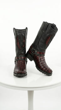 Men’s Los Altos Black Cherry Caiman Tail Skin Biker Boots, Exotic Western Motorcycle Boots