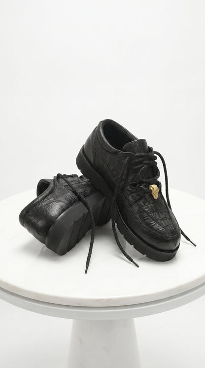 Men’s Los Altos Black Caiman Belly and Ostrich Casual Shoes, Exotic Leather Lace Up Sneakers