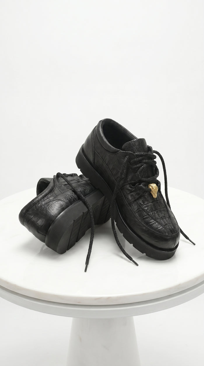 Men’s Los Altos Black Caiman Belly and Ostrich Casual Shoes, Exotic Leather Lace Up Sneakers