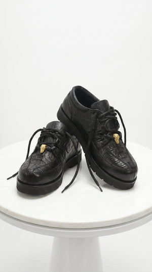 Men’s Los Altos Black Caiman Belly and Ostrich Casual Shoes, Exotic Leather Lace Up Sneakers