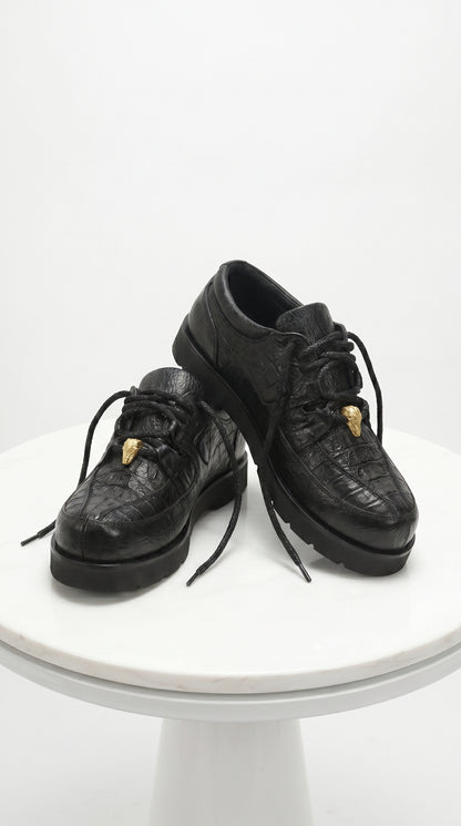 Men’s Los Altos Black Caiman Belly and Ostrich Casual Shoes, Exotic Leather Lace Up Sneakers