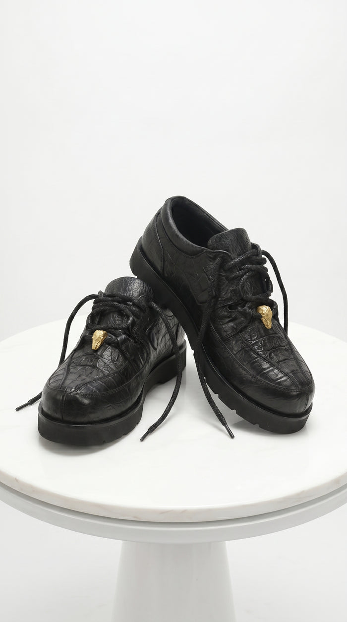 Men’s Los Altos Black Caiman Belly and Ostrich Casual Shoes, Exotic Leather Lace Up Sneakers