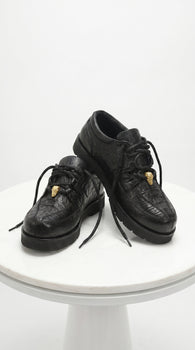 Men’s Los Altos Black Caiman Belly and Ostrich Casual Shoes, Exotic Leather Lace Up Sneakers
