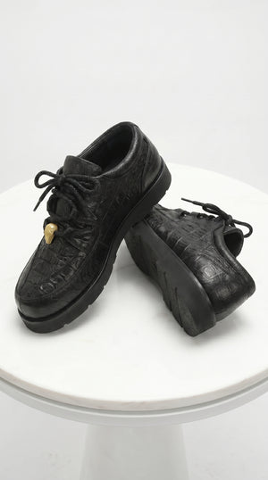 Men’s Los Altos Black Caiman Belly and Ostrich Casual Shoes, Exotic Leather Lace Up Sneakers