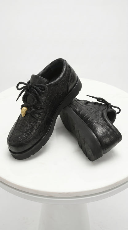 Men’s Los Altos Black Caiman Belly and Ostrich Casual Shoes, Exotic Leather Lace Up Sneakers