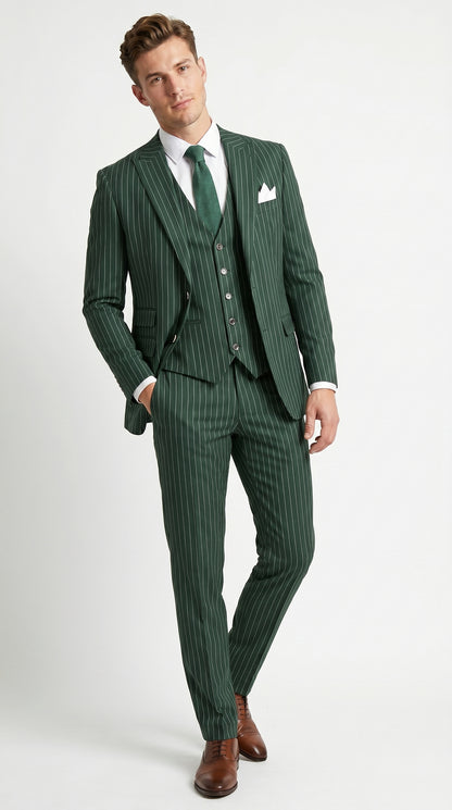 Men’s Hunter Green Great Gatsby Pinstripe 3 Piece Suit, 1920s Gangster Outfit