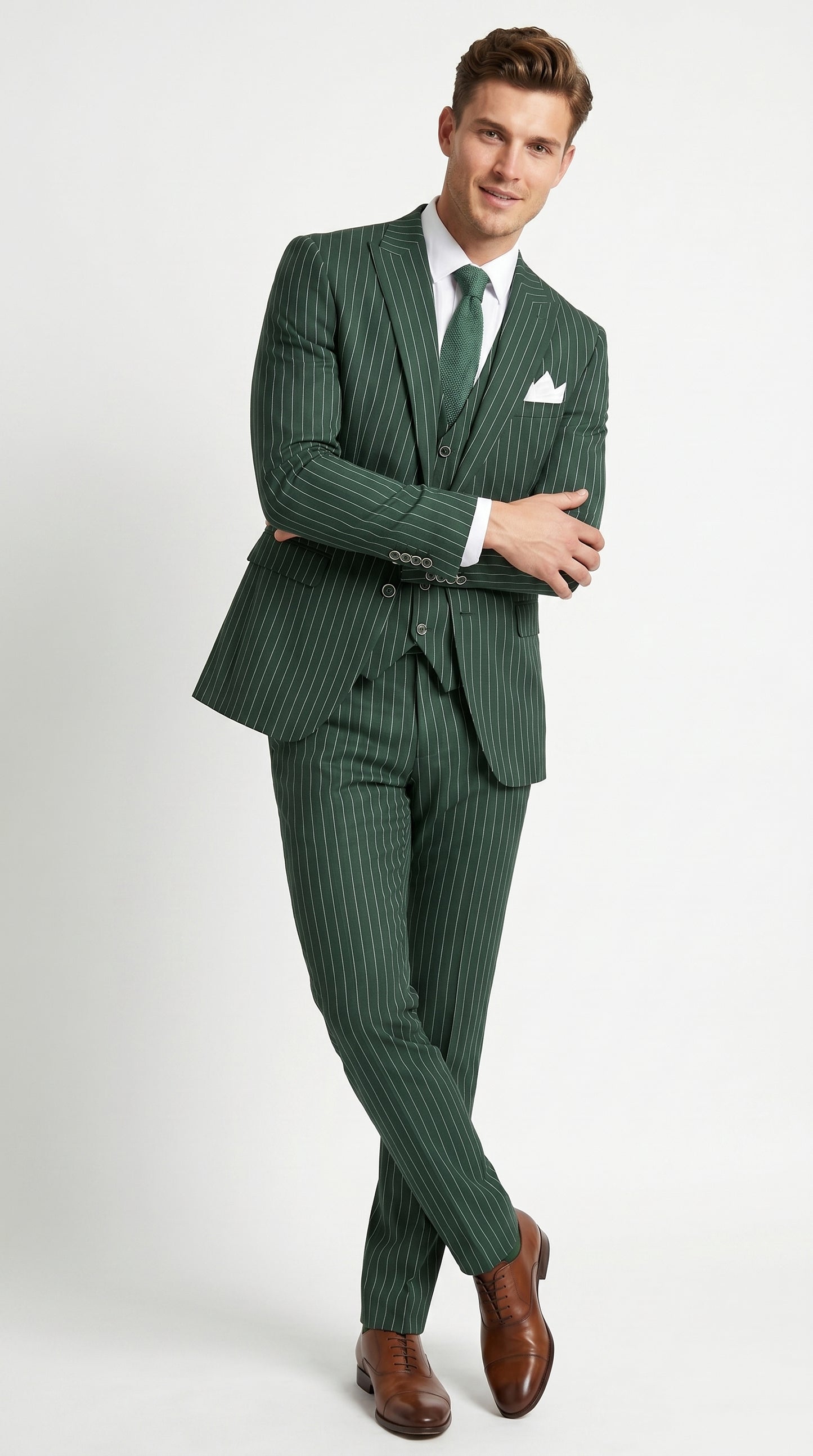 Men’s Hunter Green Great Gatsby Pinstripe 3 Piece Suit, 1920s Gangster Outfit