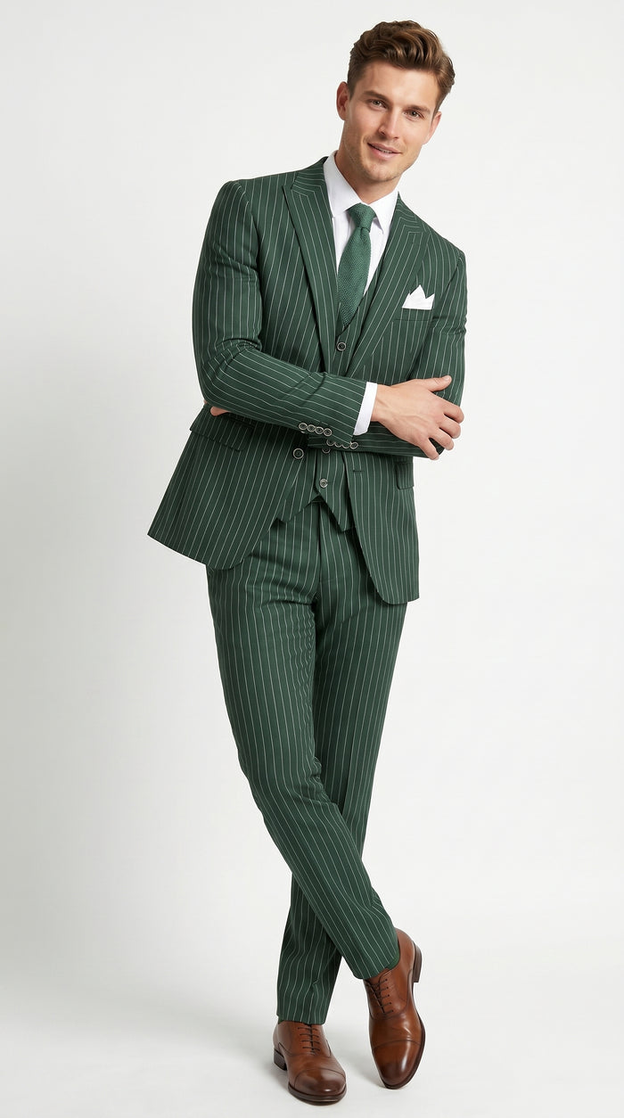 Men’s Hunter Green Great Gatsby Pinstripe 3 Piece Suit, 1920s Gangster Outfit