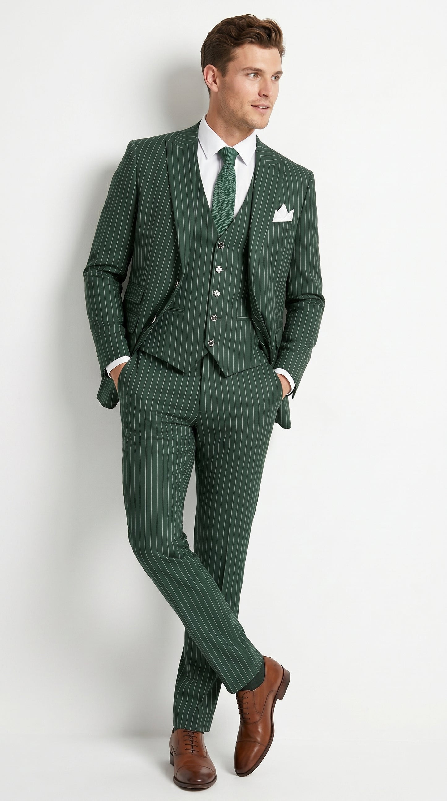Men’s Hunter Green Great Gatsby Pinstripe 3 Piece Suit, 1920s Gangster Outfit