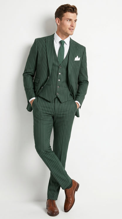 Men’s Hunter Green Great Gatsby Pinstripe 3 Piece Suit, 1920s Gangster Outfit
