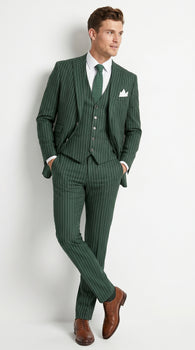 Men’s Hunter Green Great Gatsby Pinstripe 3 Piece Suit, 1920s Gangster Outfit