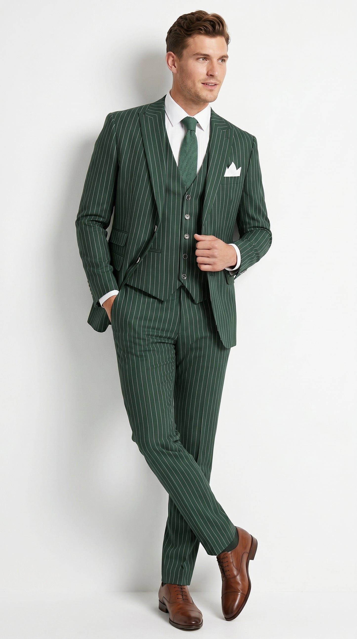 Men’s Hunter Green Great Gatsby Pinstripe 3 Piece Suit, 1920s Gangster Outfit