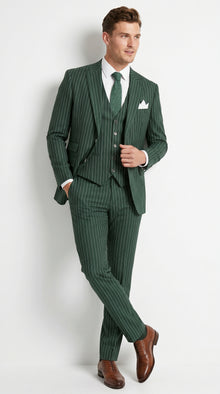 Men’s Hunter Green Great Gatsby Pinstripe 3 Piece Suit, 1920s Gangster Outfit
