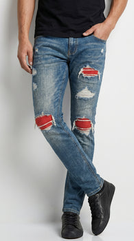 Men’s PX Indigo Denim Jeans with Quilted Red Patches, Distressed Slim Fit Fashion Jeans