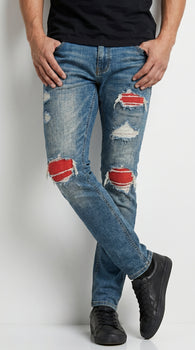 Men’s PX Indigo Denim Jeans with Quilted Red Patches, Distressed Slim Fit Fashion Jeans