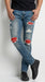 Men’s PX Indigo Denim Jeans with Quilted Red Patches, Distressed Slim Fit Fashion Jeans