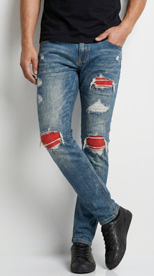 Men’s PX Indigo Denim Jeans with Quilted Red Patches, Distressed Slim Fit Fashion Jeans