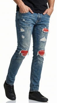 Men’s PX Indigo Denim Jeans with Quilted Red Patches, Distressed Slim Fit Fashion Jeans