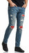 Men’s PX Indigo Denim Jeans with Quilted Red Patches, Distressed Slim Fit Fashion Jeans
