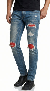 Men’s PX Indigo Denim Jeans with Quilted Red Patches, Distressed Slim Fit Fashion Jeans